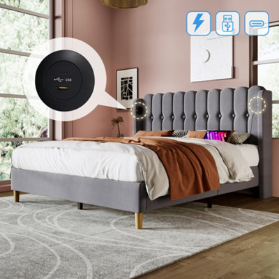 Matteo Upholstered Double Bed Frame With Usb & Type-C Charging PortsGrey Linen Fabric4Ft6 (135X190Cm) from B&Q