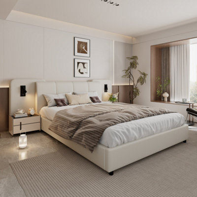 Matteo Upholstered Double Bed Frame 4Ft6 With Integrated Usb & Led LightsBeige Faux Leather from B&Q