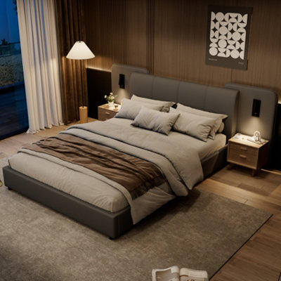 Matteo Grey Upholstered Double Bed Frame 4Ft6 With Integrated Charging PortLed Lighting & Padded Headboard from B&Q
