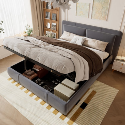 Matteo 4Ft6 Double Grey Velvet Upholstered Ottoman Bed Frame With Hydraulic Storage & Removable Headboard from B&Q