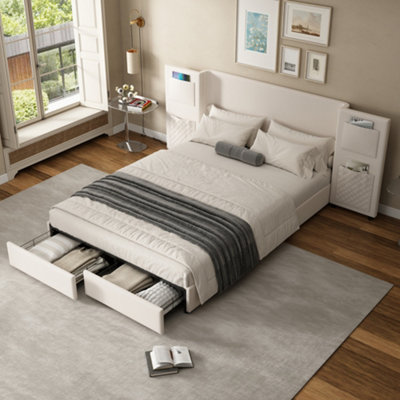 Matteo 4Ft6 Double Velvet Upholstered Bed With Integrated Storage Drawers & Headboard PocketsBeige from B&Q