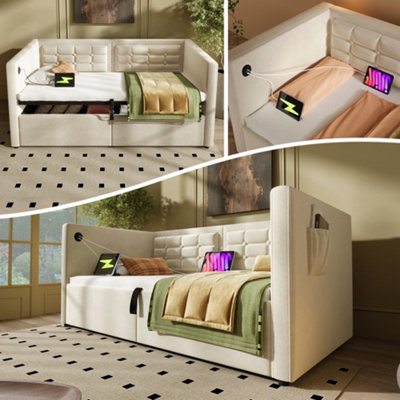 Matteo 3Ft Single Daybed Upholstered Sofa Bed With Hydraulic StorageUsb & Type-C ChargingBeige Velvet from B&Q