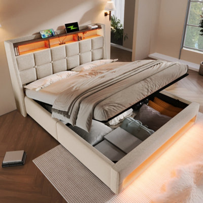 Matteo Beige Double Bed Frame With Led LightingUsb-C & Usb Charging PortsUpholstered Headboard & Under-Bed Storage (4Ft6) from B&Q
