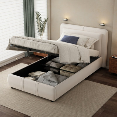 Matteo Beige Velvet Ottoman Storage Bed Frame3Ft Single Upholstered With Hydraulic Lift & Removable Headboard from B&Q