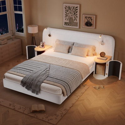 Matteo Beige Velvet Upholstered 4Ft6 Double Bed Frame With Integrated Bedside Reading Light & Table from B&Q