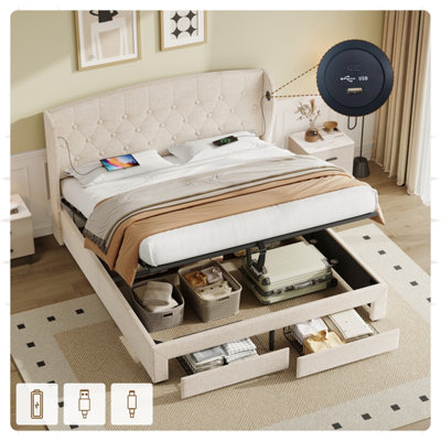 Matteo Beige Double Upholstered Ottoman Bed Frame With Hydraulic & Drawer StorageButton Tufted HeadboardUsb & Type-C Charging Ports from B&Q