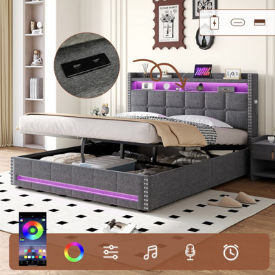 Matteo King Size Upholstered Ottoman Bed Frame With Rgb LedUsb Charging & Rivet Tufted HeadboardGrey Linen from B&Q