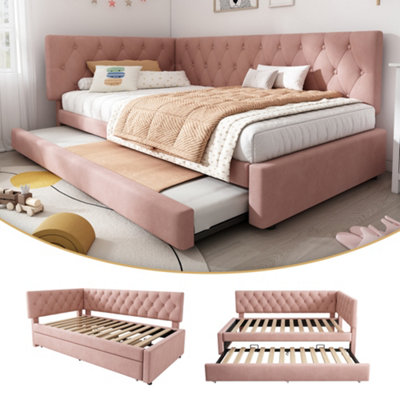 Matteo Pink Velvet Daybed With Pull-Out Trundle BedSpace-Saving 3Ft Single Sofa Bed For Adults & Kids from B&Q