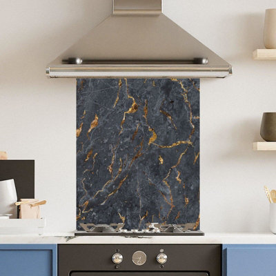 Choose Your Print Premium 60 X 75Cm Black Marbled Surface 6mm Glass Toughened Kitchen SplashbackHeat Resistant Polished Edges from B&Q