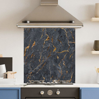 Choose Your Print Premium 70 X 75Cm Black Marbled Surface 6mm Glass Toughened Kitchen SplashbackHeat Resistant Polished Edges from B&Q