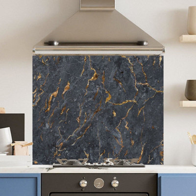 Choose Your Print Premium 90 X 65Cm Black Marbled Surface 6mm Glass Toughened Kitchen SplashbackHeat Resistant Polished Edges from B&Q