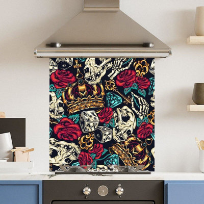 Choose Your Print Premium 60 X 65Cm Blue Red Skull Tattoo 6mm Glass Toughened Kitchen Splashback - Heat Resistant Polished Edges