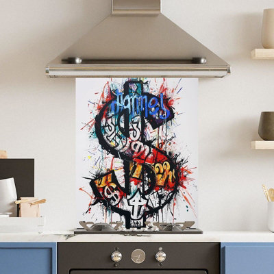 Choose Your Print Premium 60 X 75Cm Grafitti Dollar 6mm Glass Toughened Kitchen SplashbackHeat Resistant Polished Edges from B&Q