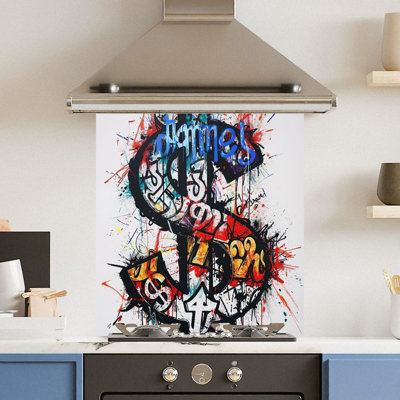 Choose Your Print Premium 70 X 75Cm Grafitti Dollar 6mm Glass Toughened Kitchen SplashbackHeat Resistant Polished Edges from B&Q