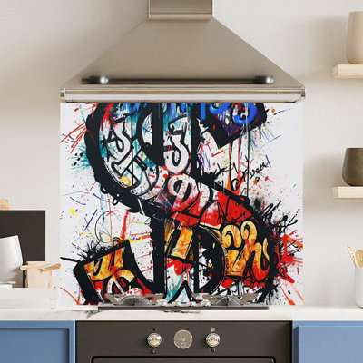 Choose Your Print Premium 90 X 65Cm Grafitti Dollar 6mm Glass Toughened Kitchen SplashbackHeat Resistant Polished Edges from B&Q