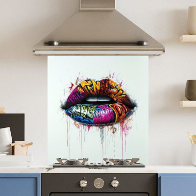 Choose Your Print Premium 60 X 65Cm Grafitti Lips 6mm Glass Toughened Kitchen SplashbackHeat Resistant Polished Edges from B&Q