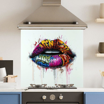 Choose Your Print Premium 70 X 65Cm Grafitti Lips 6mm Glass Toughened Kitchen SplashbackHeat Resistant Polished Edges from B&Q