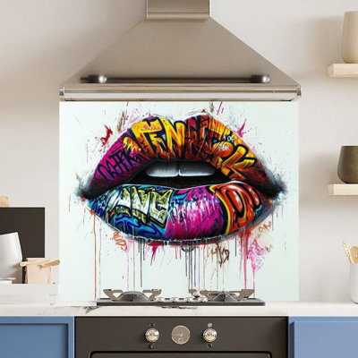 Choose Your Print Premium 90 X 65Cm Grafitti Lips 6mm Glass Toughened Kitchen SplashbackHeat Resistant Polished Edges from B&Q