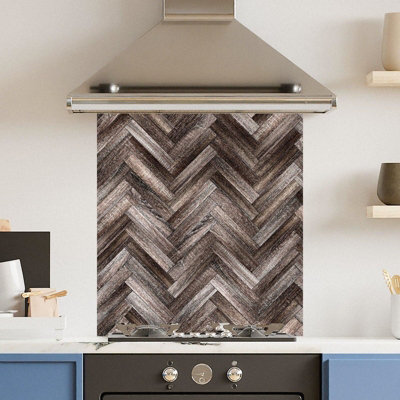Choose Your Print Premium 60 X 65Cm Herringbone Wood 6mm Glass Toughened Kitchen SplashbackHeat Resistant Polished Edges from B&Q