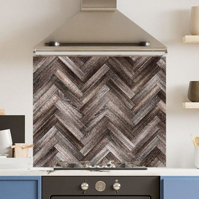 Choose Your Print Premium 90 X 65Cm Herringbone Wood 6mm Glass Toughened Kitchen SplashbackHeat Resistant Polished Edges from B&Q