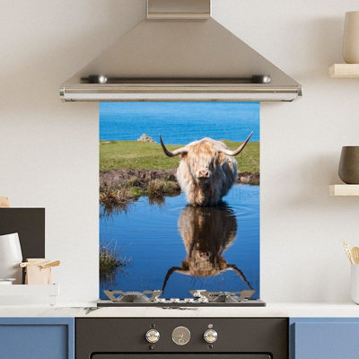 Choose Your Print Premium 60 X 75Cm Water Highland Cow 6mm Glass Toughened Kitchen SplashbackHeat Resistant Polished Edges from B&Q