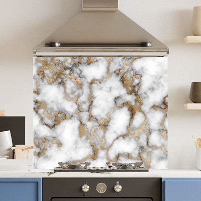 Choose Your Print Premium 90 X 75Cm White Gold Marble 6mm Glass Toughened Kitchen SplashbackHeat Resistant Polished Edges from B&Q