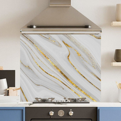 Choose Your Print Premium 90 X 65Cm White Gold Quartz 6mm Glass Toughened Kitchen SplashbackHeat Resistant Polished Edges from B&Q