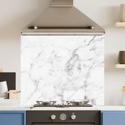 Choose Your Print Premium 90 X 65Cm Veiny White Marble 6mm Glass Toughened Kitchen SplashbackHeat Resistant Polished Edges from B&Q