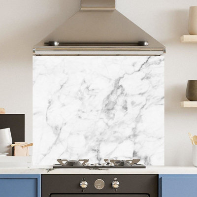 Choose Your Print Premium 90 X 75Cm Veiny White Marble 6mm Glass Toughened Kitchen SplashbackHeat Resistant Polished Edges from B&Q