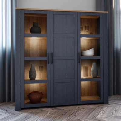 Furniture To Go Bohol Large Display Cabinet Inc. 4X Led Lights In Riviera Oak/Navy Black/White/Grey