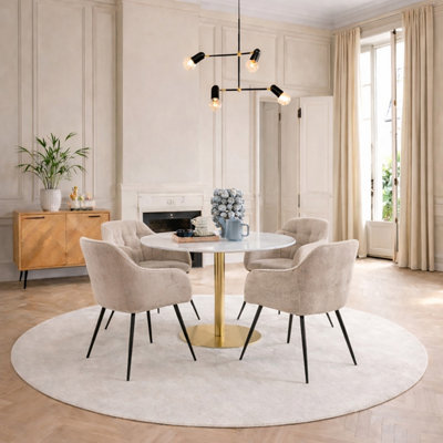 Furniture To Go Corby Round Dining Table With White Polished Marble Top & Gold Base Inc 4 Brooke Dining Chairs With Armrests In Monza Beige