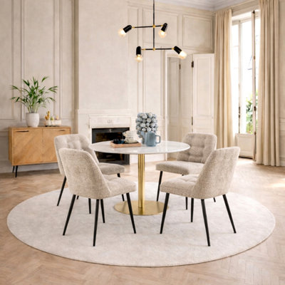 Furniture To Go Corby Round Dining Table With White Polished Marble Top & Gold Base Inc 4 Brooke Dining Chairs In Beige