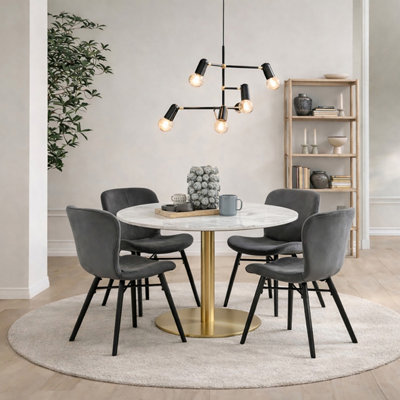 Furniture To Go Corby Round Dining Table With White Polished Marble Top & Gold Base Inc 4 Batilda Dining Chairs In Dark Grey