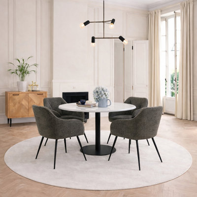 Furniture To Go Corby Round Dining Table With White Polished Marble Top & Black Base Includes 4 Brooke Dining Chairs With Arm Rest In Taupe