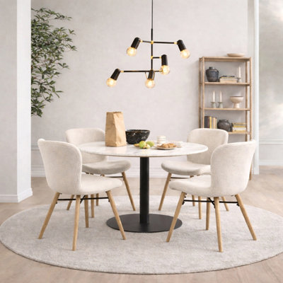 Furniture To Go Corby Round Dining Table With White Polished Marble Top & Black Base Includes 4 Batilda Dining Chairs In Cream/oak