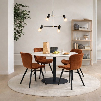 Furniture To Go Corby Round Dining Table With White Polished Marble Top & Black Base Includes 4 Batilda Dining Chairs In Copper