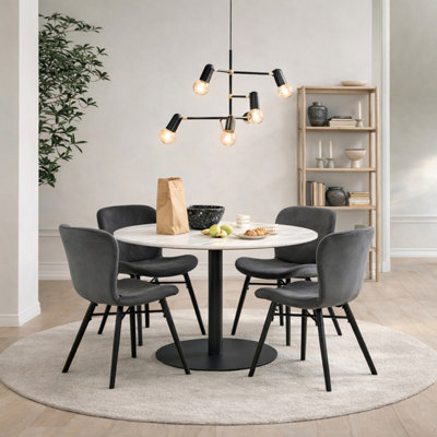 Furniture To Go Corby Round Dining Table With White Polished Marble Top & Black Base Includes 4 Batilda Dining Chairs In Dark Grey