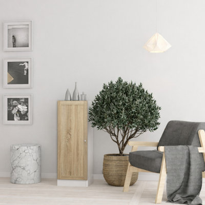 B&Q -  Basic Low Narrow Storage Cabinet In White (2 Shelves) With Oak Door