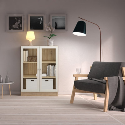 B&Q -  Basic Low Wide Display Cabinet In Oak (2 Shelves) With 2 Glass Doors In White