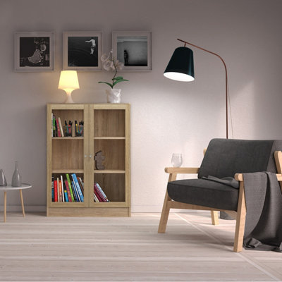 B&Q -  Basic Low Wide Display Cabinet In Oak (2 Shelves) With 2 Glass Doors In Oak