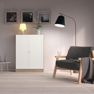 B&Q -  Basic Low Wide Storage Cabinet In Oak (2 Shelves) With 2 White Doors