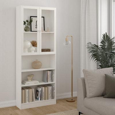 B&Q -  Basic Tall Wide Display Cabinet In White (4 Shelves) With 2 Glass White Doors
