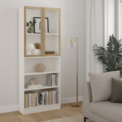 B&Q -  Basic Tall Wide Display Cabinet In White (4 Shelves) With 2 Glass Oak Doors