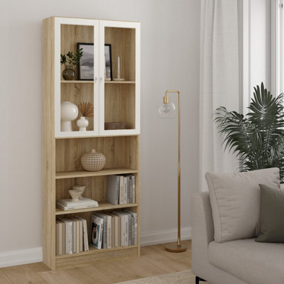 B&Q -  Basic Tall Wide Display Cabinet In Oak (4 Shelves) With 2 Glass White Doors