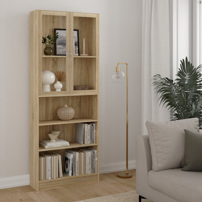 B&Q -  Basic Tall Wide Display Cabinet In Oak (4 Shelves) With 2 Glass Oak Doors