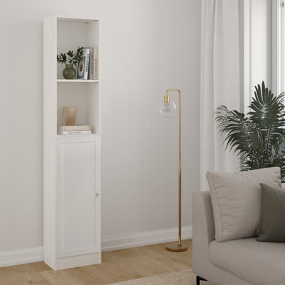 B&Q -  Basic Tall Narrow Combination Storage Bookcase In White (4 Shelves) With Glass White Door