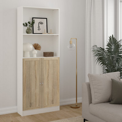 B&Q -  Basic Tall Wide Combination Storage In White (4 Shelves) With 2 Oak Doors