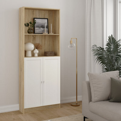 B&Q -  Basic Tall Wide Combination Storage In Oak (4 Shelves) With 2 Doors In White