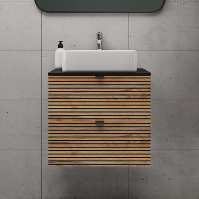 Heze Furniture Loft Modern Style Ribbed Door 60Cm Bathroom Cabinet Vanity Unit With WorktopGold Craft Oak from B&Q