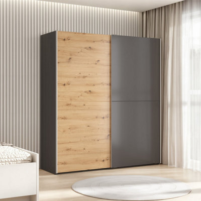 Heze Furniture Sonya 2 Door Sliding Wardrobe In Graphite & Artisan Oak